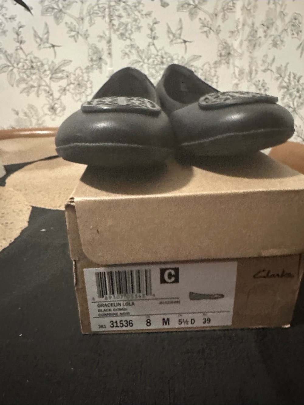 Clarks Black Leather Slip-On Ballet Flats with Logo Plate